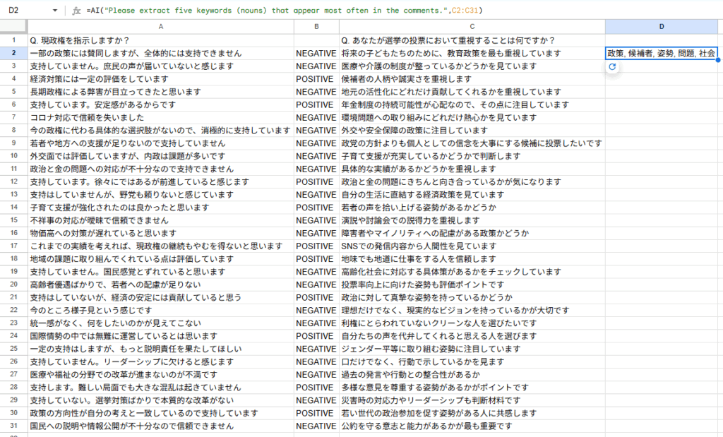 AI関数を用いたテキスト分析の例